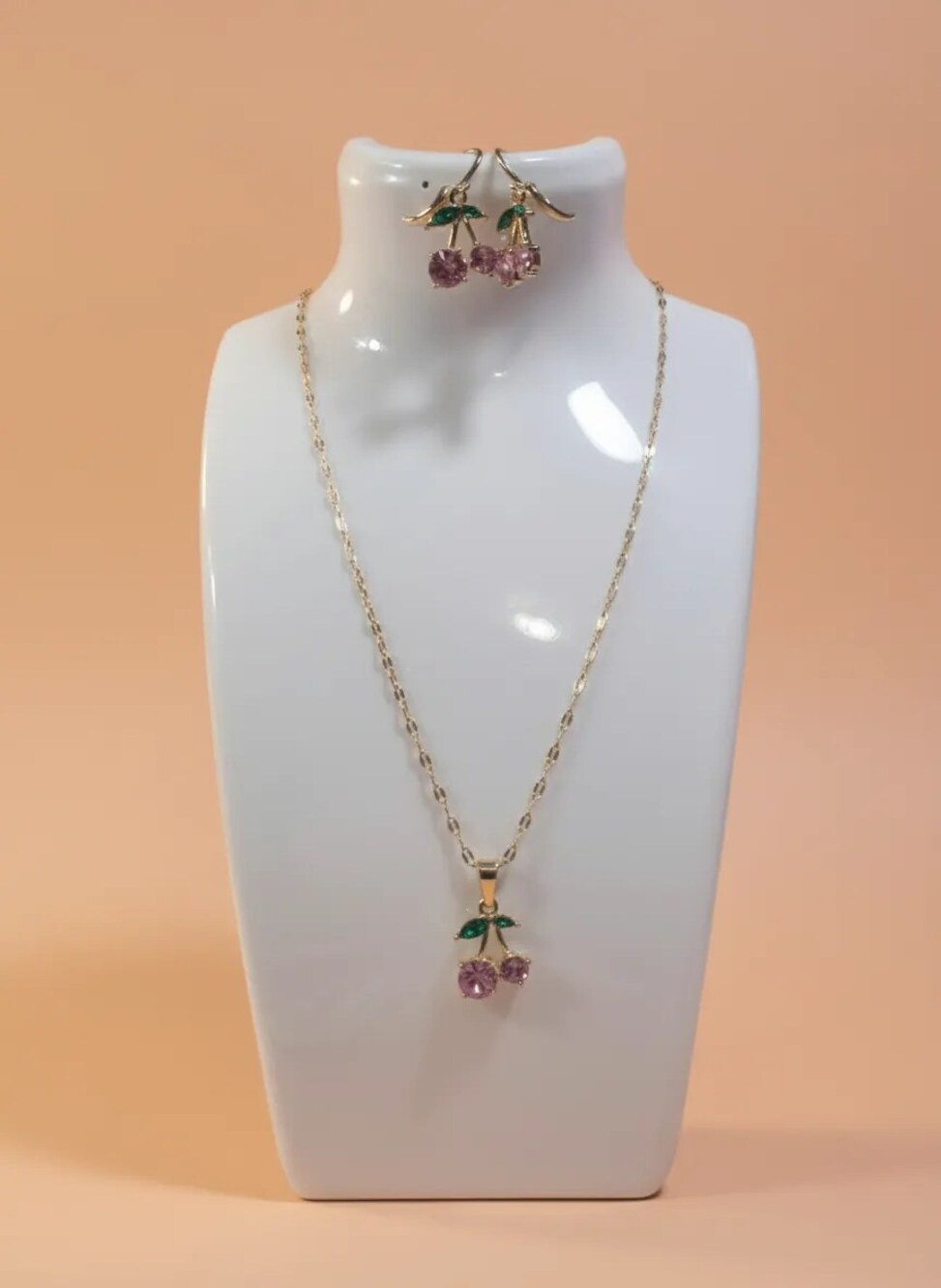 Pink Rhinestone Cherry Pendant Necklace & Matching Drop Earrings Set